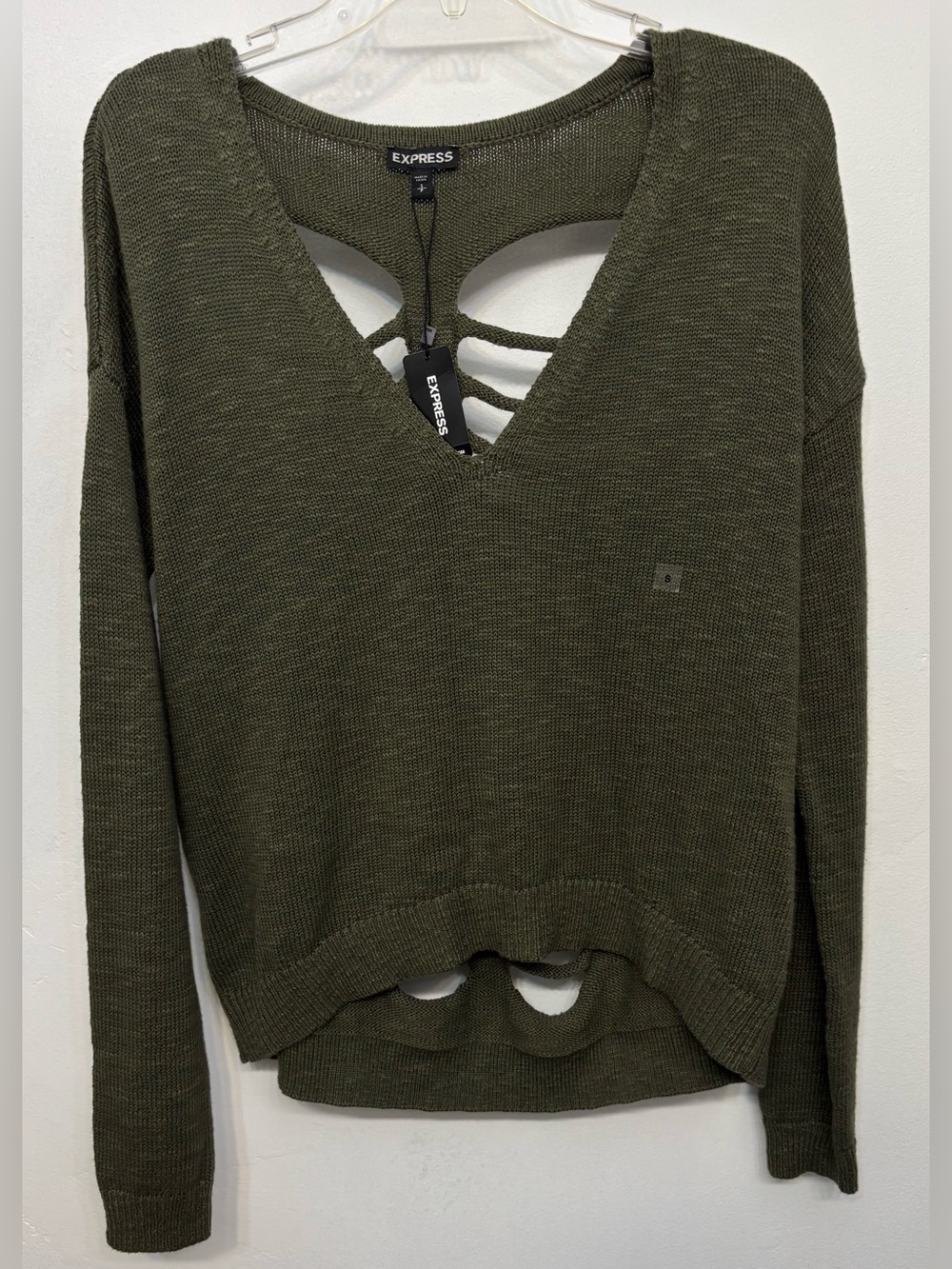 Express Olive Green Ladder-Back Cut Out V-Neck Sweater Women’s Size Small NWT